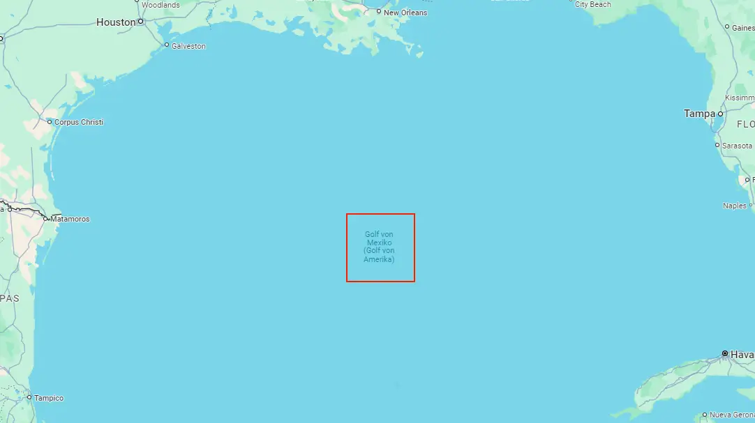 Google Maps screenshot showing the Gulf of Mexico labeled as'Gulf of America'