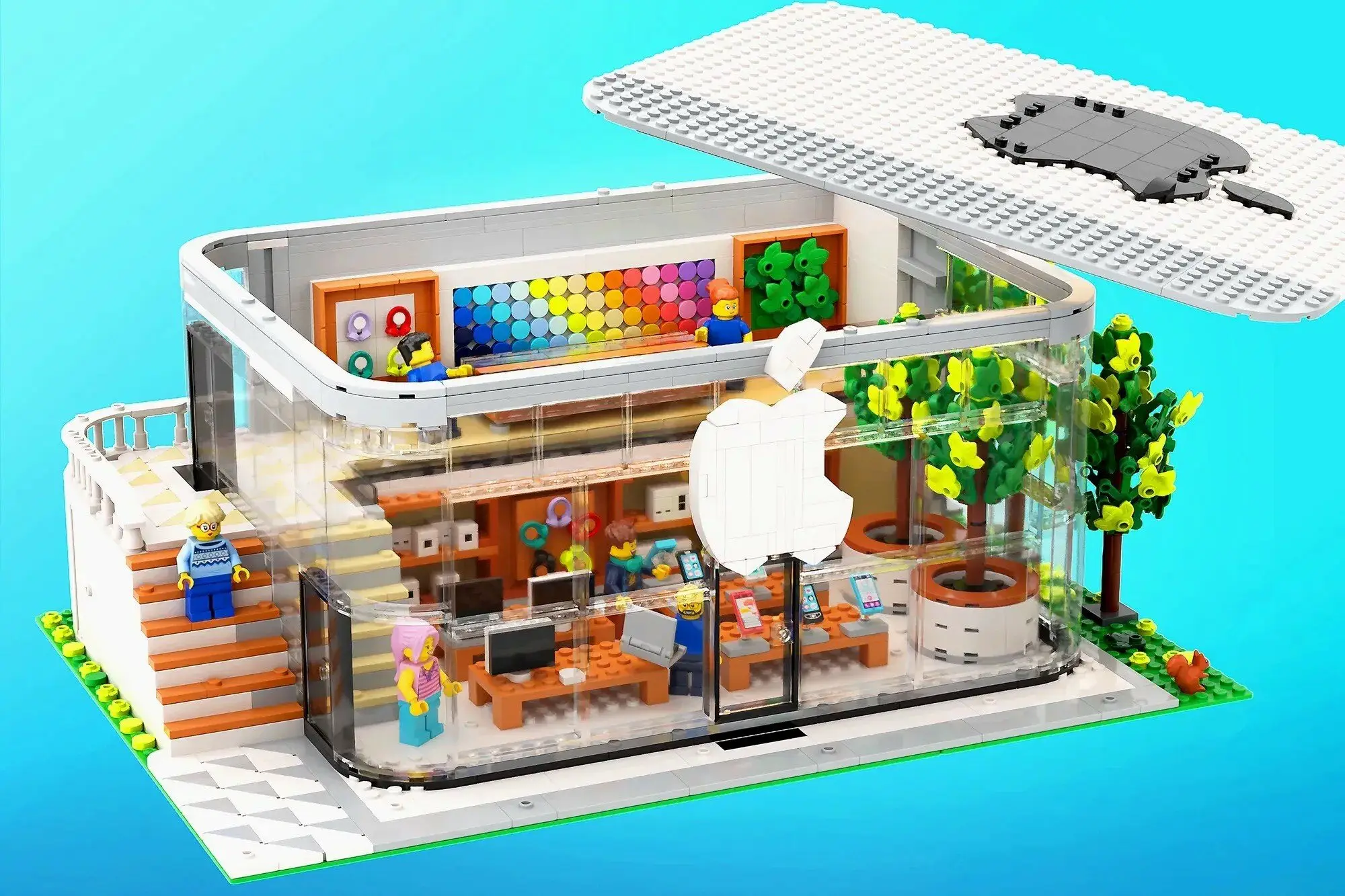 LEGO Apple Store model featuring glass walls and minimalist design