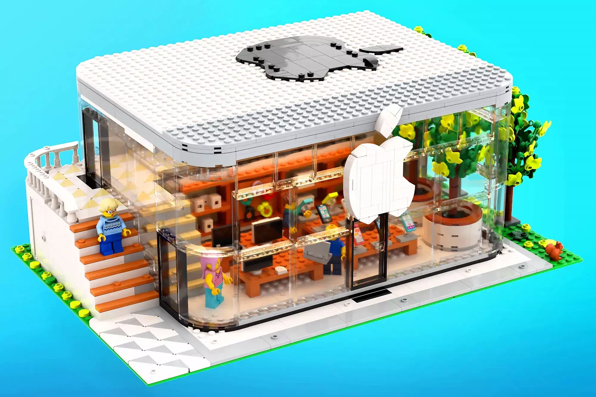 Detailed view of the LEGO Apple Store's Genius Bar and product displays